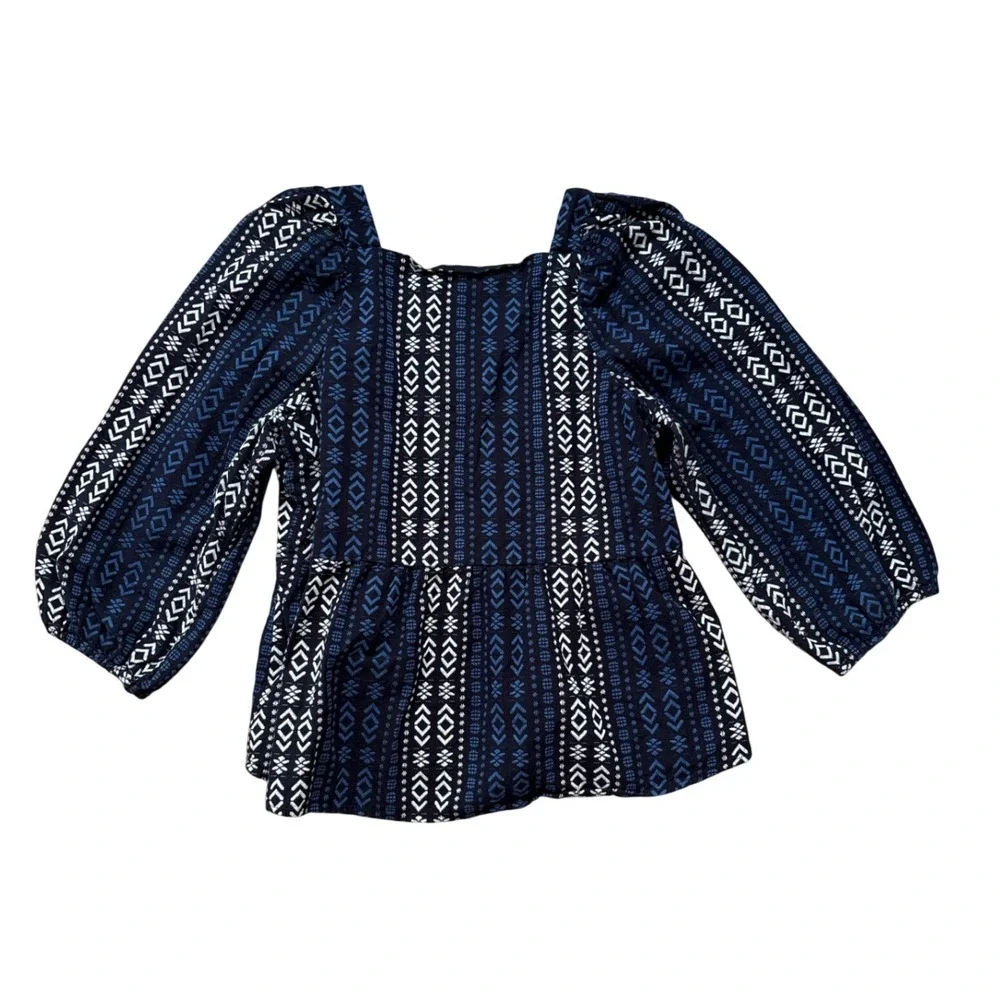 Madewell Peplum Top Women Blue‎ Geometric Boho Square Neck Puff Sleeve SIZE L